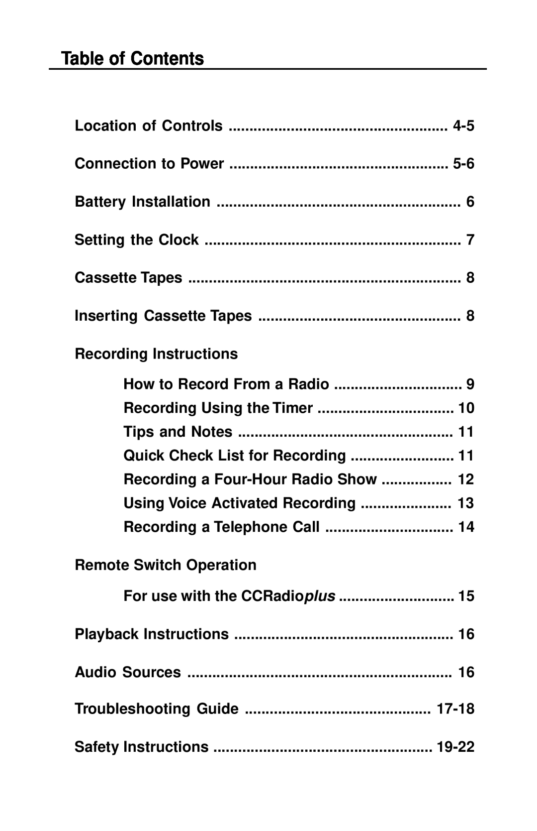 C. Crane VersaCorder Dual Speed Recorder instruction manual Table of Contents 