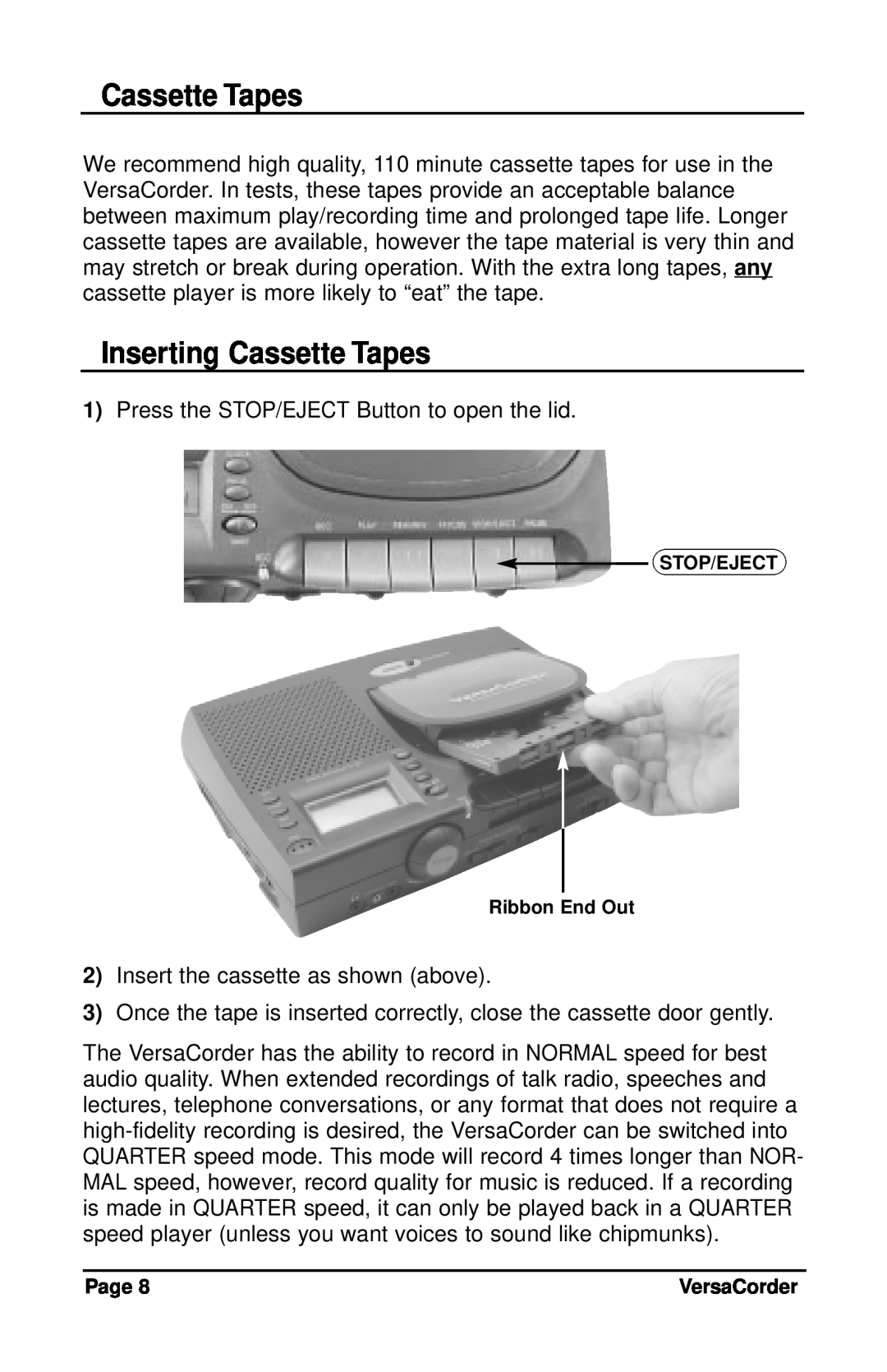 C. Crane VersaCorder Dual Speed Recorder instruction manual Inserting Cassette Tapes 
