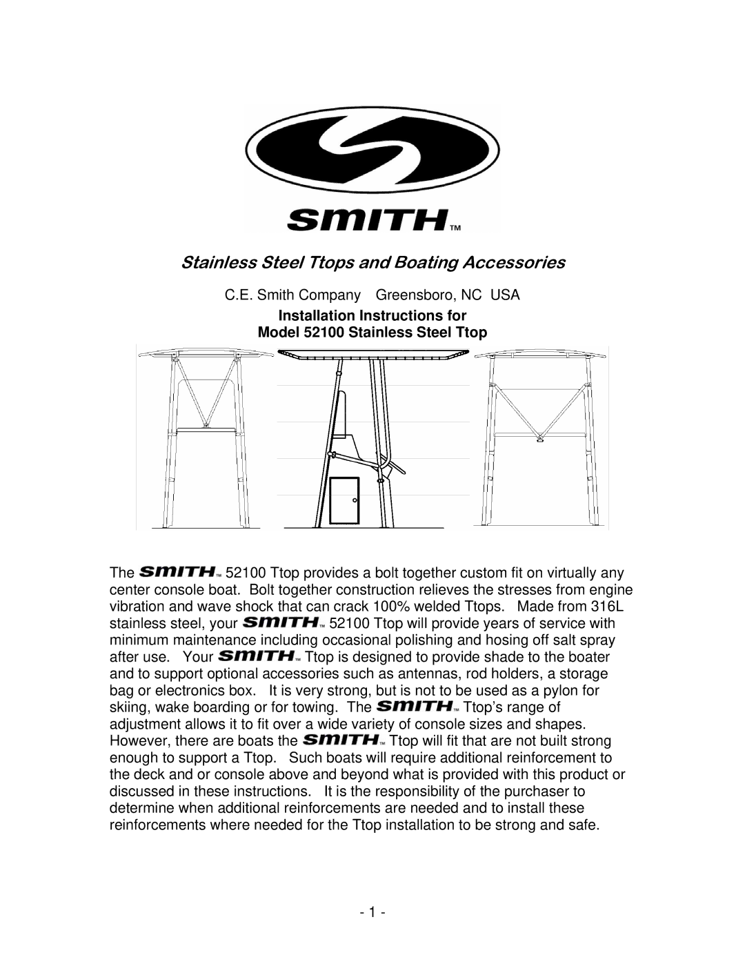 C. E. Smith 52100 manual Stainless Steel Ttops and Boating Accessories 