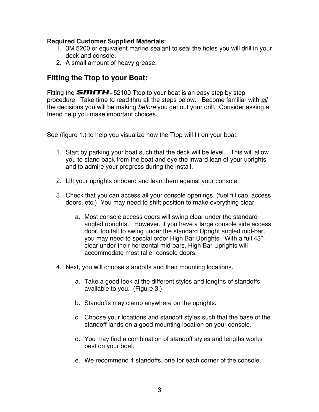 C. E. Smith 52100 manual Fitting the Ttop to your Boat, Required Customer Supplied Materials 