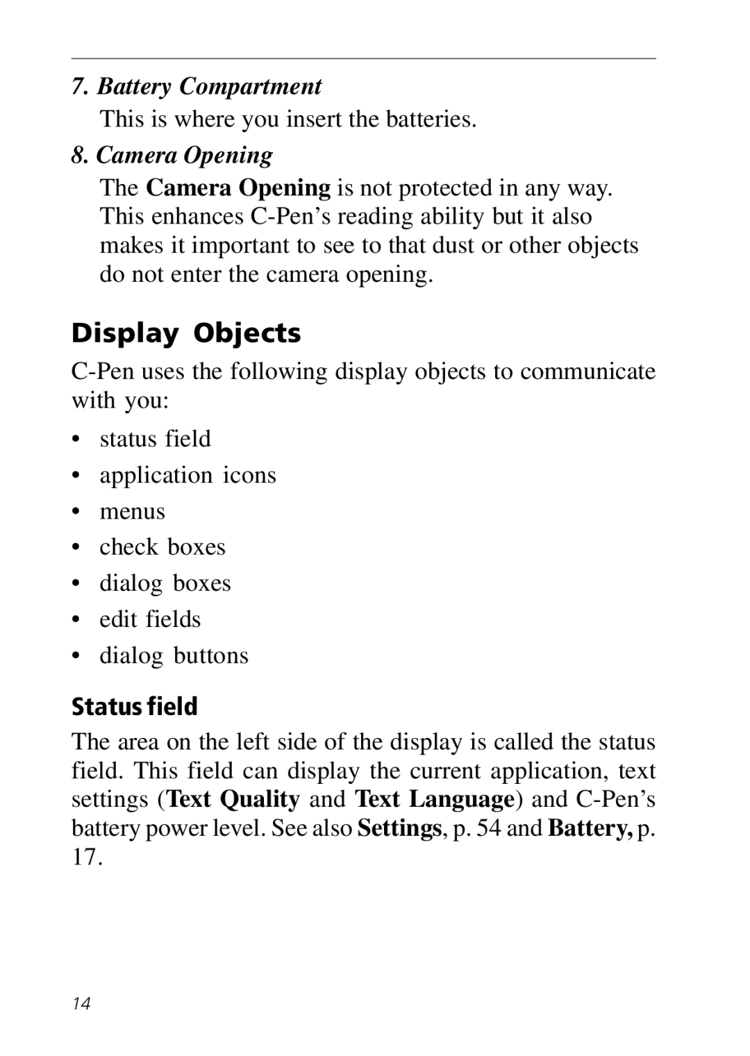 C Technologies C-Pen manual Display Objects, Status field 