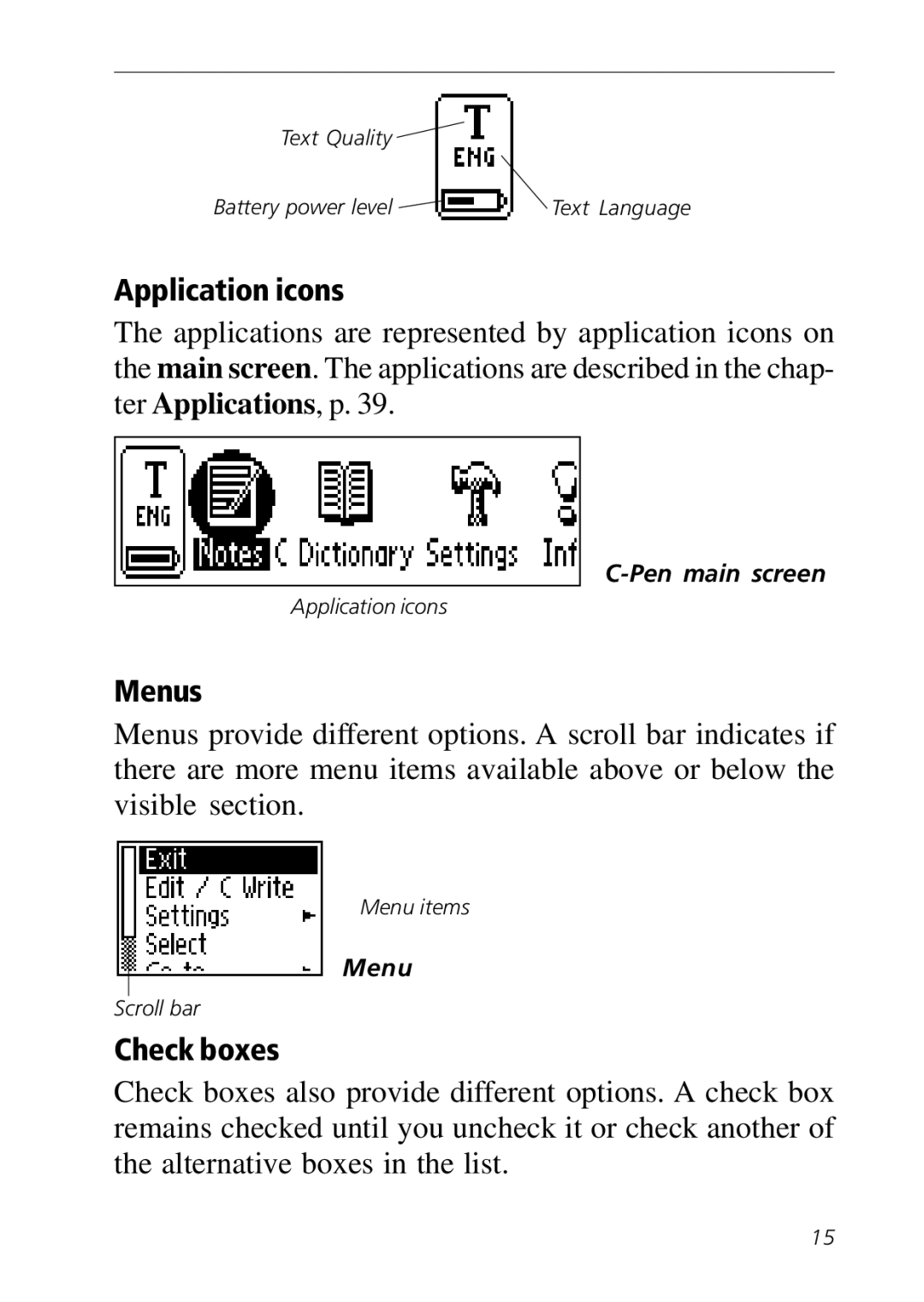 C Technologies C-Pen manual Application icons, Menus, Check boxes 