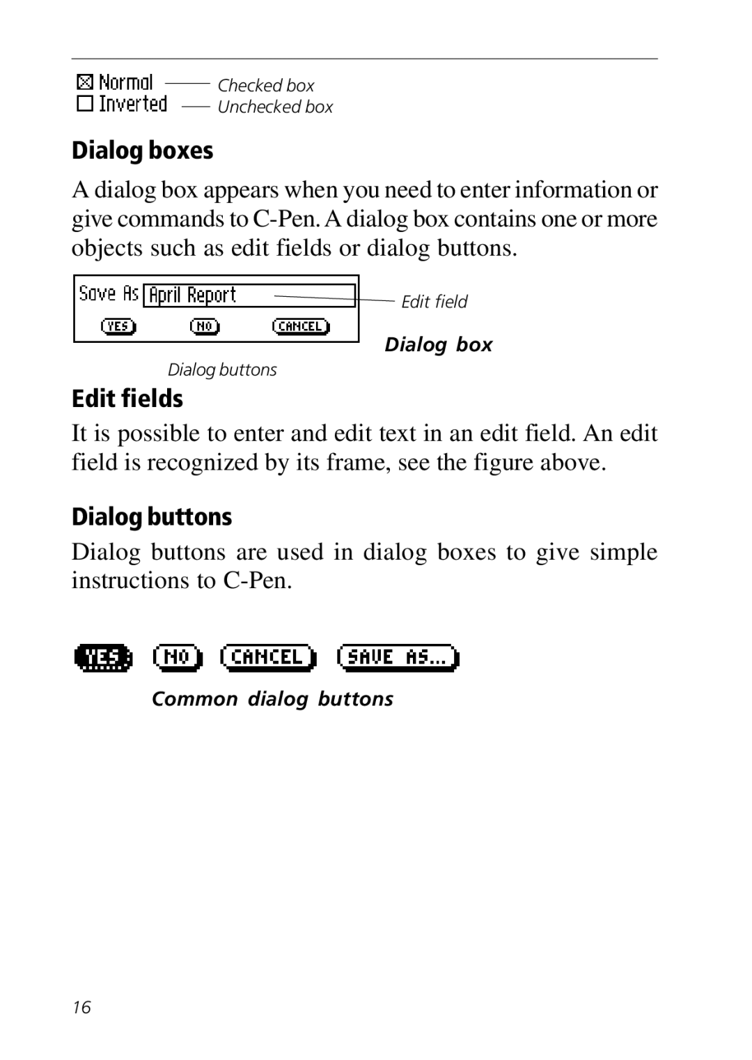 C Technologies C-Pen manual Dialog boxes, Edit fields, Dialog buttons 