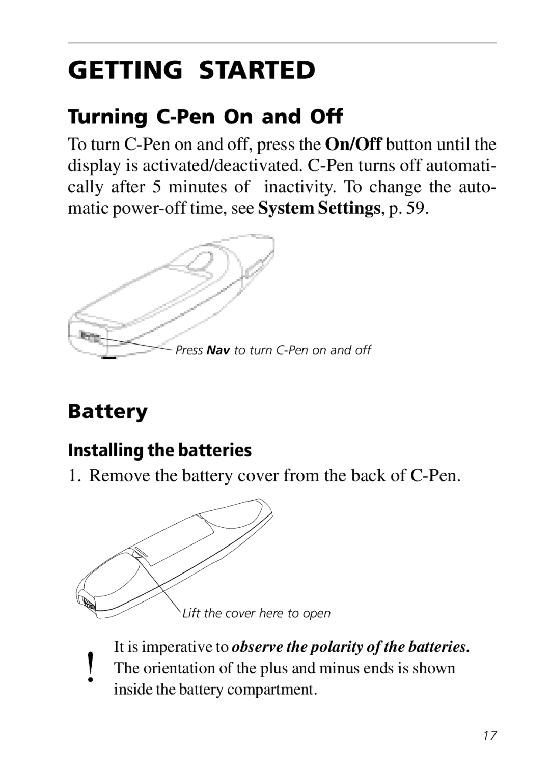 C Technologies manual Getting Started, Turning C-Pen On and Off, Battery, Installing the batteries 