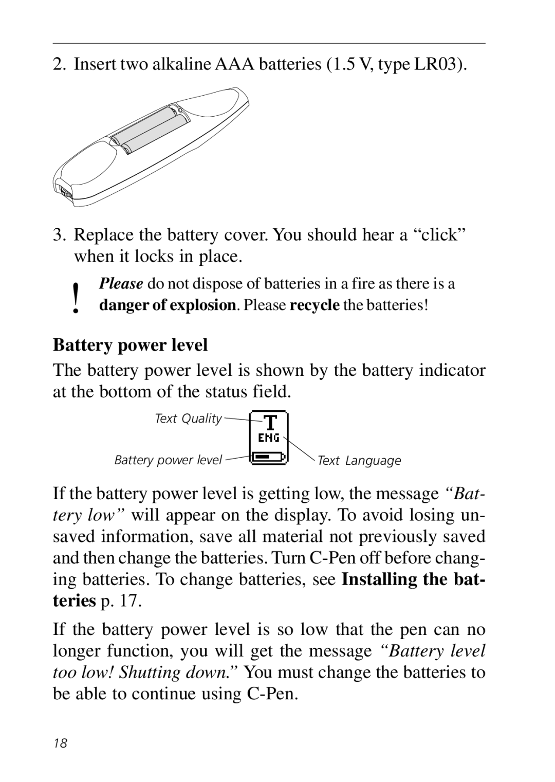 C Technologies C-Pen manual Battery power level 