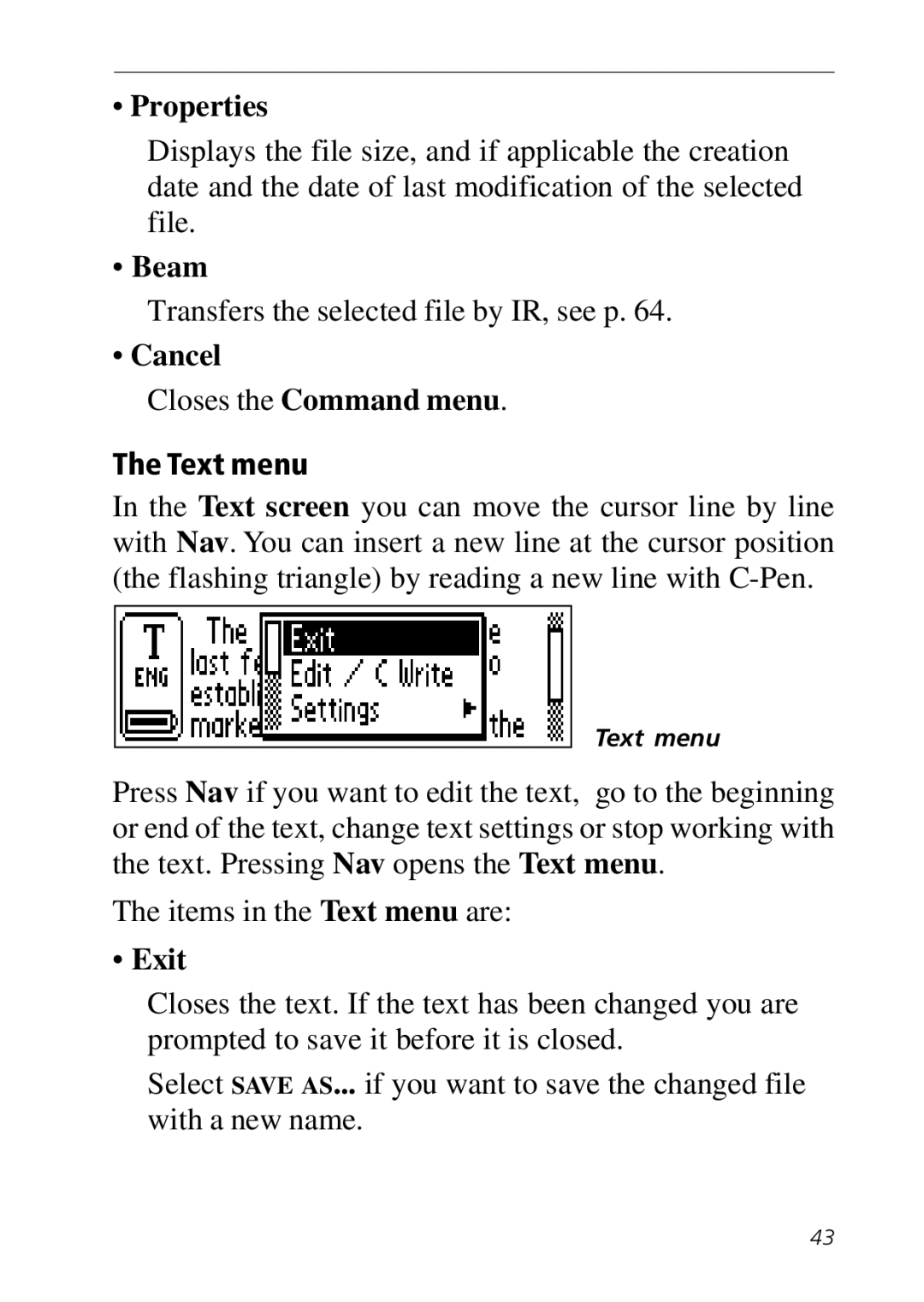 C Technologies C-Pen manual Properties, Text menu, Exit 