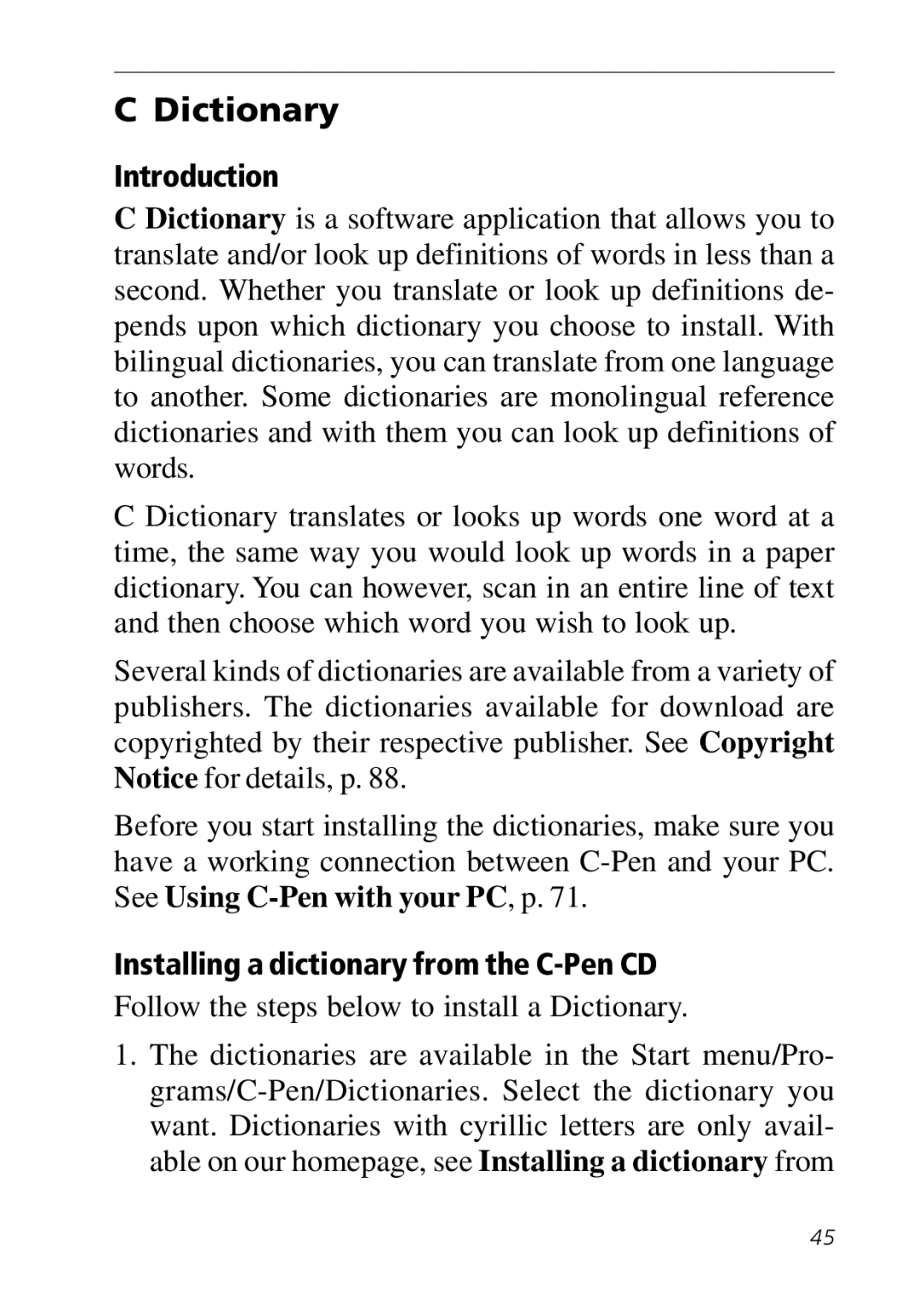 C Technologies manual Dictionary, Introduction, Installing a dictionary from the C-Pen CD 