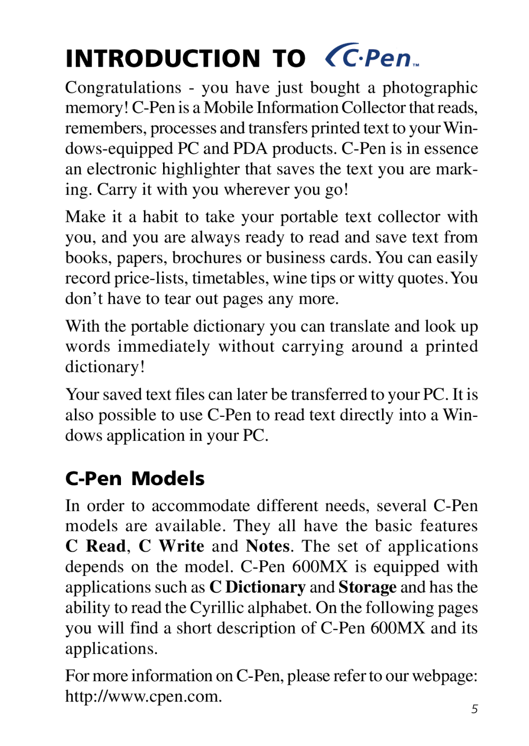 C Technologies C-Pen manual Introduction to, Pen Models 