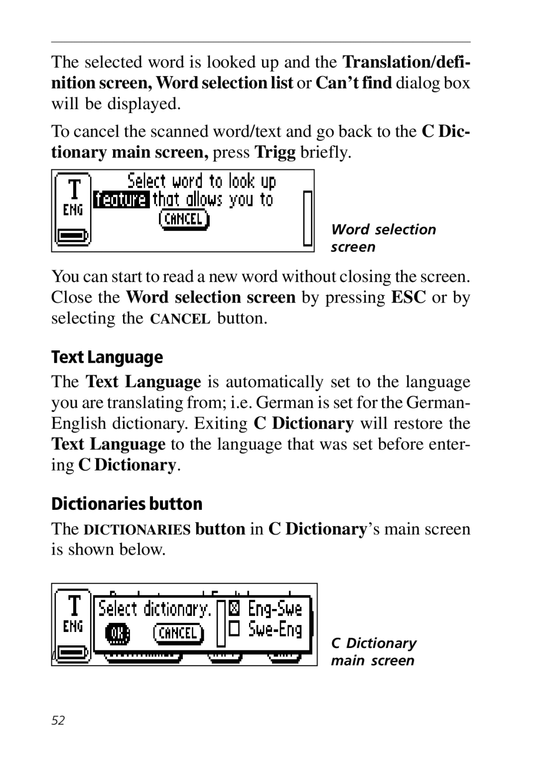 C Technologies C-Pen manual Text Language, Dictionaries button 