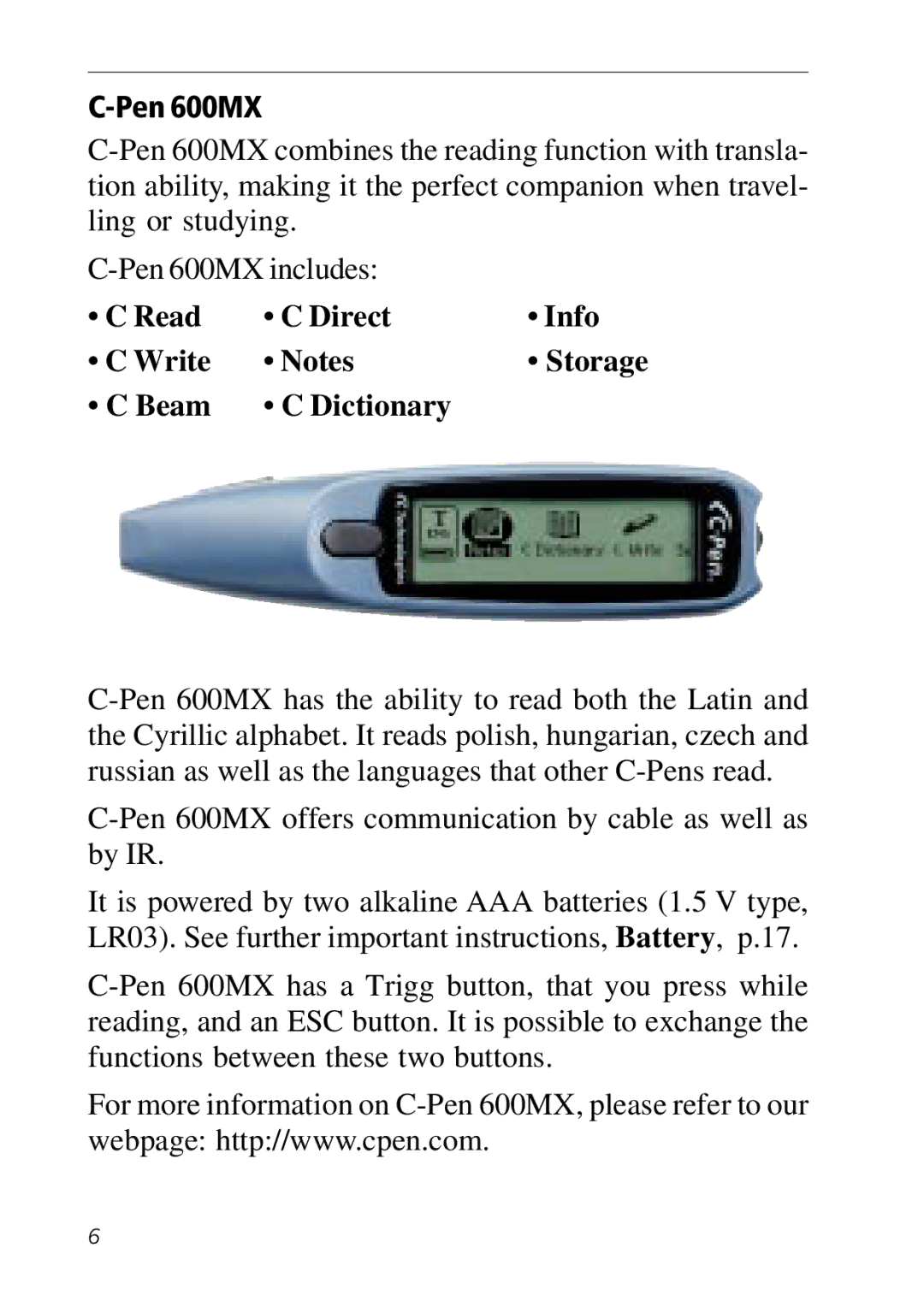 C Technologies C-Pen manual Pen 600MX, Read Direct Info Write Storage Beam Dictionary 