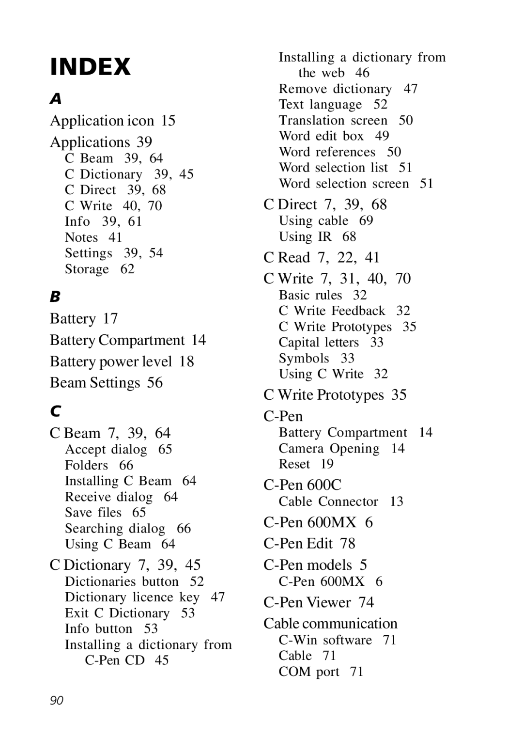 C Technologies C-Pen manual Index, Dictionary 7, 39 