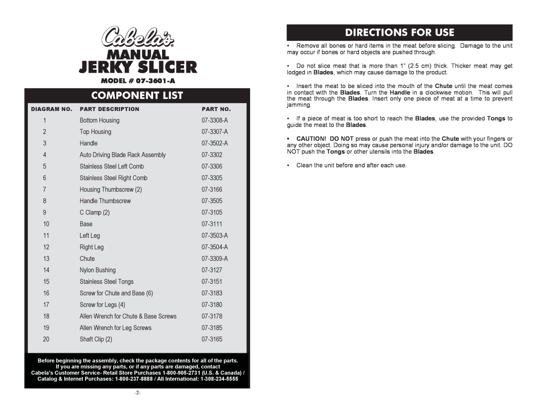 Cabela's manual Component List, Directions For Use, Jerky Slicer, Manual, MODEL # 07-3601-A 