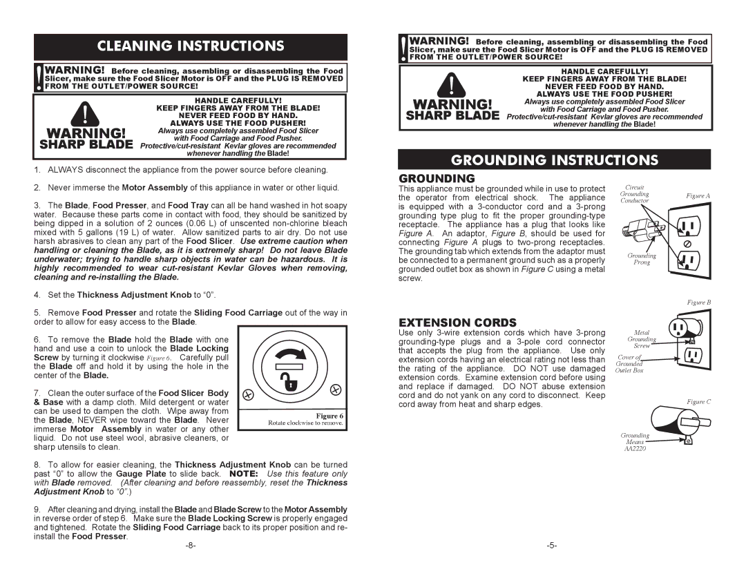 Cabela's 51-7403, 08-0601-C Cleaning Instructions, Grounding Instructions, Order to allow for easy access to the Blade 