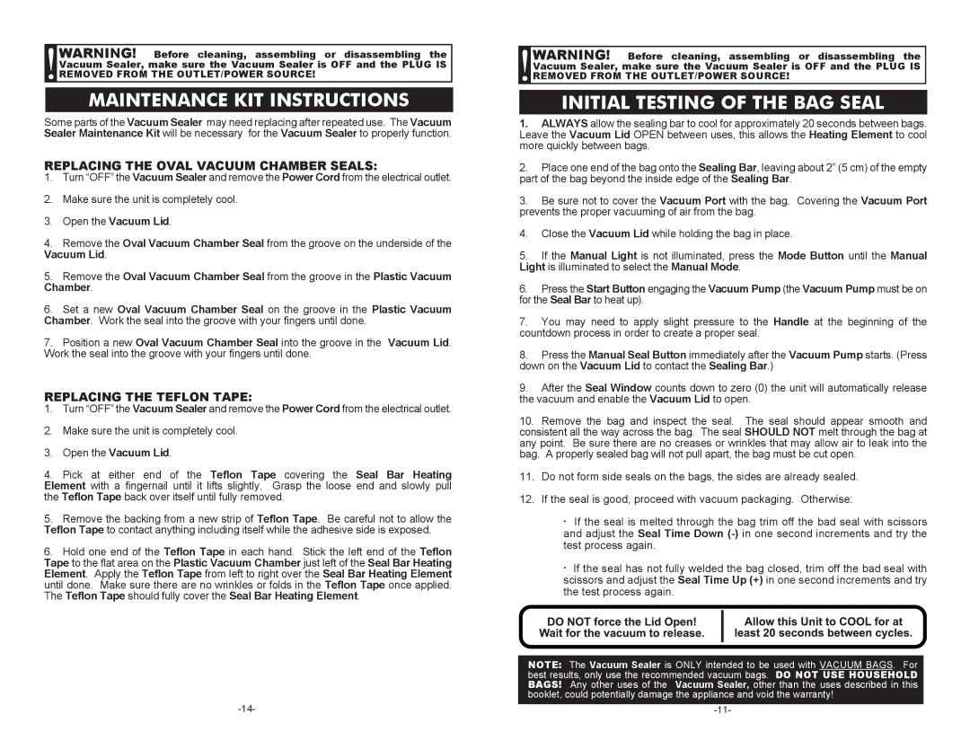 Cabela's 08-0601-C Maintenance KIT Instructions, Initial Testing of the BAG Seal, Replacing the Oval Vacuum Chamber Seals 