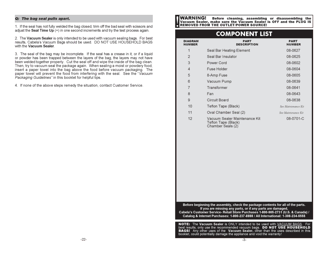 Cabela's 08-0601-C manual Component List, Bag seal pulls apart 