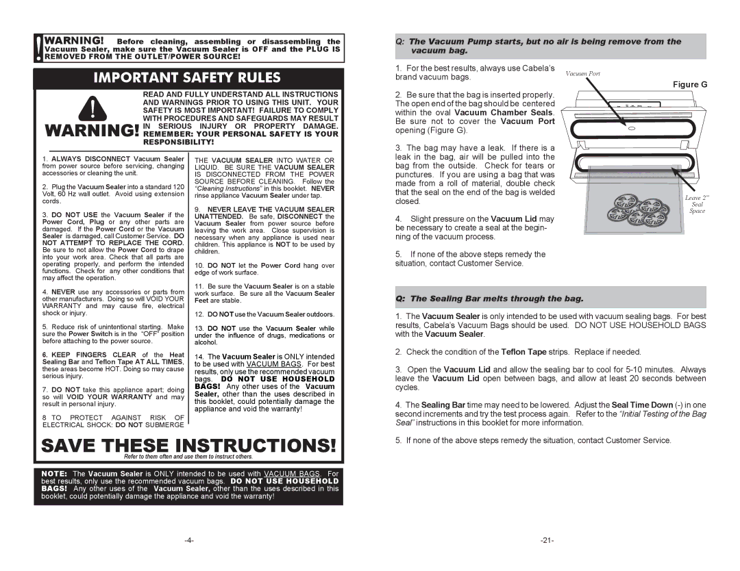 Cabela's 08-0601-C manual Important Safety Rules, Sealing Bar melts through the bag 