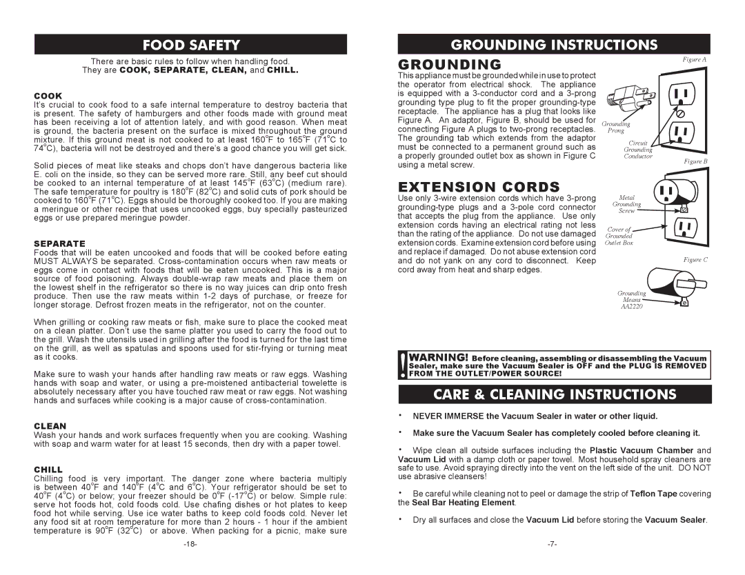 Cabela's 08-0601-C manual Food Safety Grounding Instructions, Care & Cleaning Instructions 