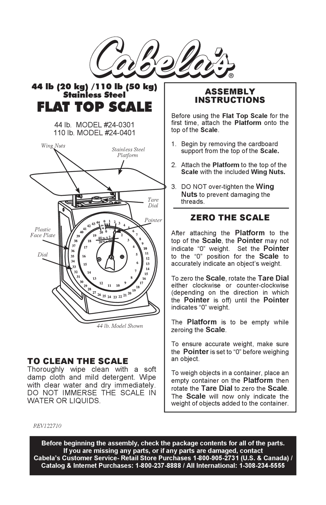 Cabela's 24-0401, 24-0301 manual Flat TOP Scale, To Clean the Scale, Assembly Instructions, Zero the Scale 