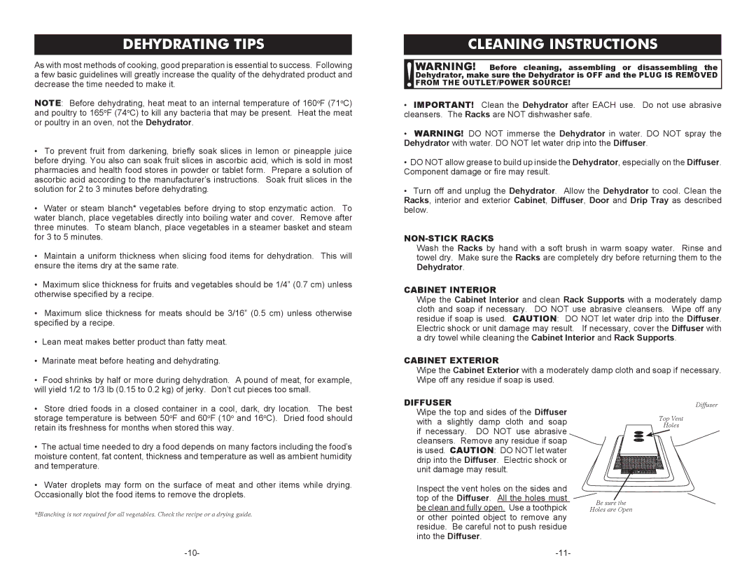 Cabela's 28-0501, 28-0301 instruction manual Dehydrating Tips, Cleaning Instructions 