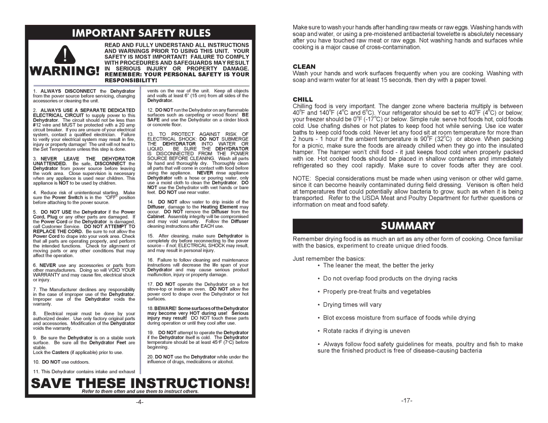 Cabela's 28-0501, 28-0301 instruction manual Important Safety Rules, Summary, Clean, Chill 