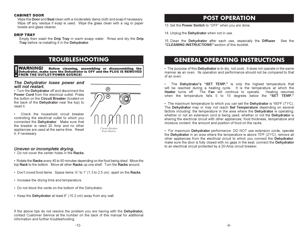 Cabela's 28-0301, 28-0501 Troubleshooting Post Operation, General Operating Instructions, Cabinet Door, Drip Tray 