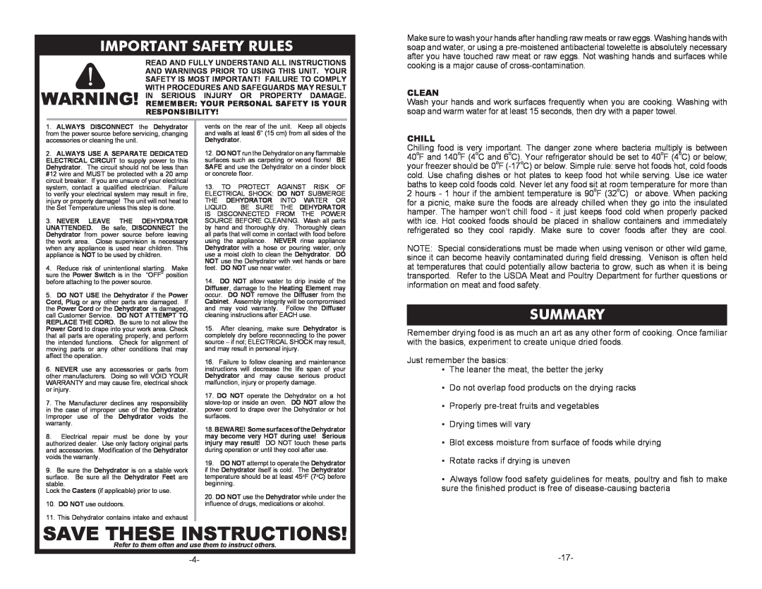 Cabela's 28-0501, 28-0301 instruction manual Important Safety Rules, Summary, Save These Instructions, Clean, Chill 