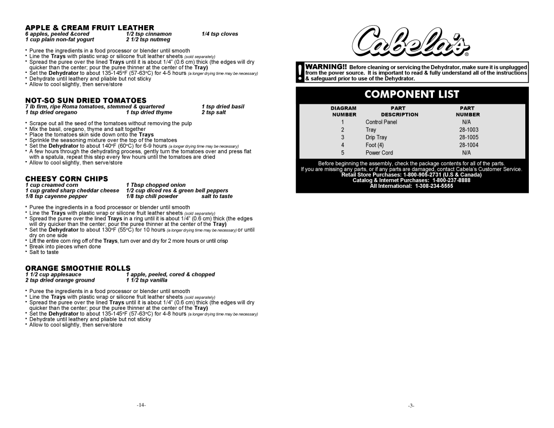 Cabela's 28-1001-C manual Component List, Apple & Cream Fruit Leather, NOT-SO SUN Dried Tomatoes, Cheesy Corn Chips 