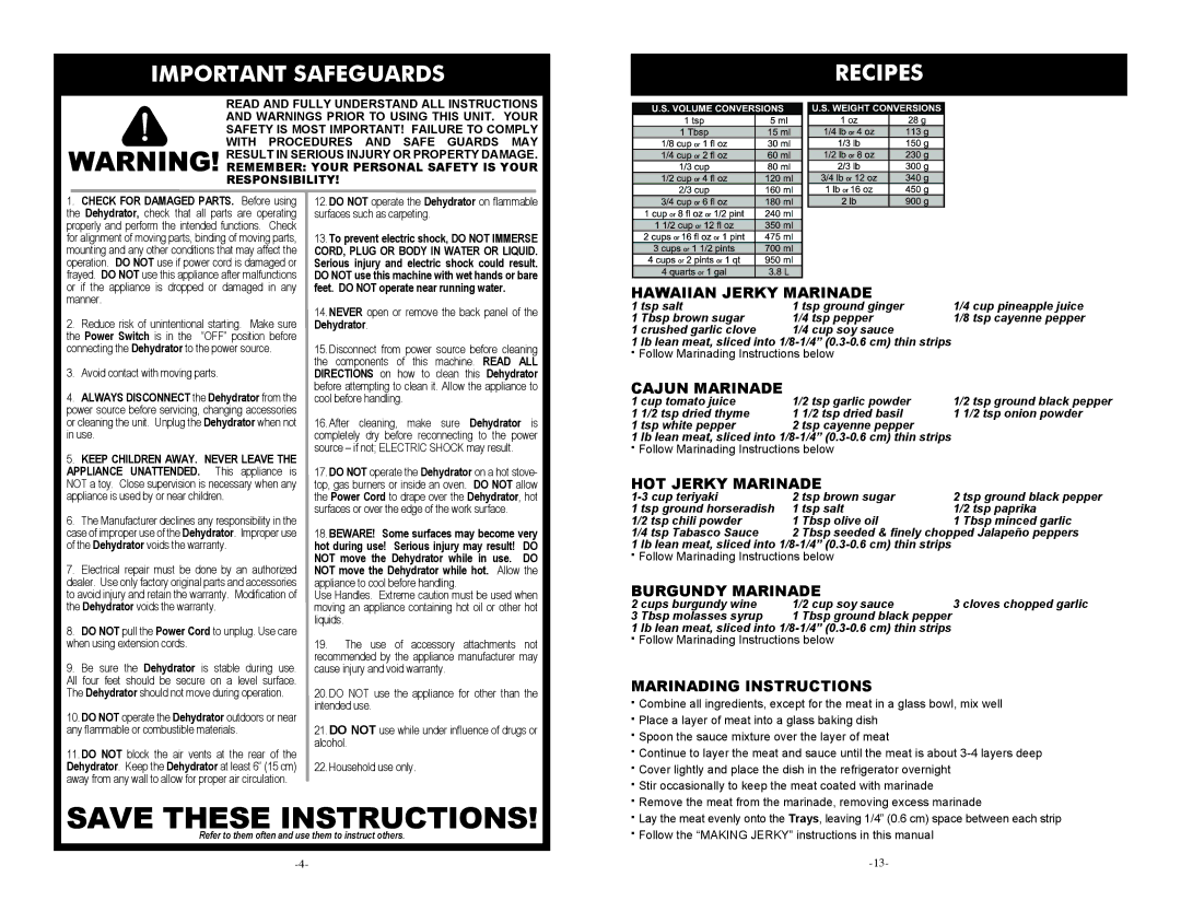 Cabela's 28-1001-C manual Important Safeguards, Recipes 