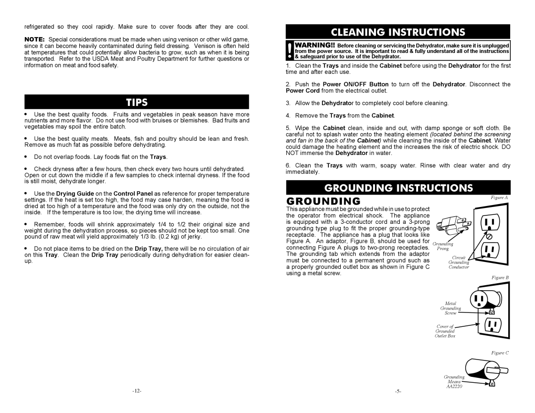 Cabela's 28-1001-C manual Tips, Cleaning Instructions, Grounding Instructions 