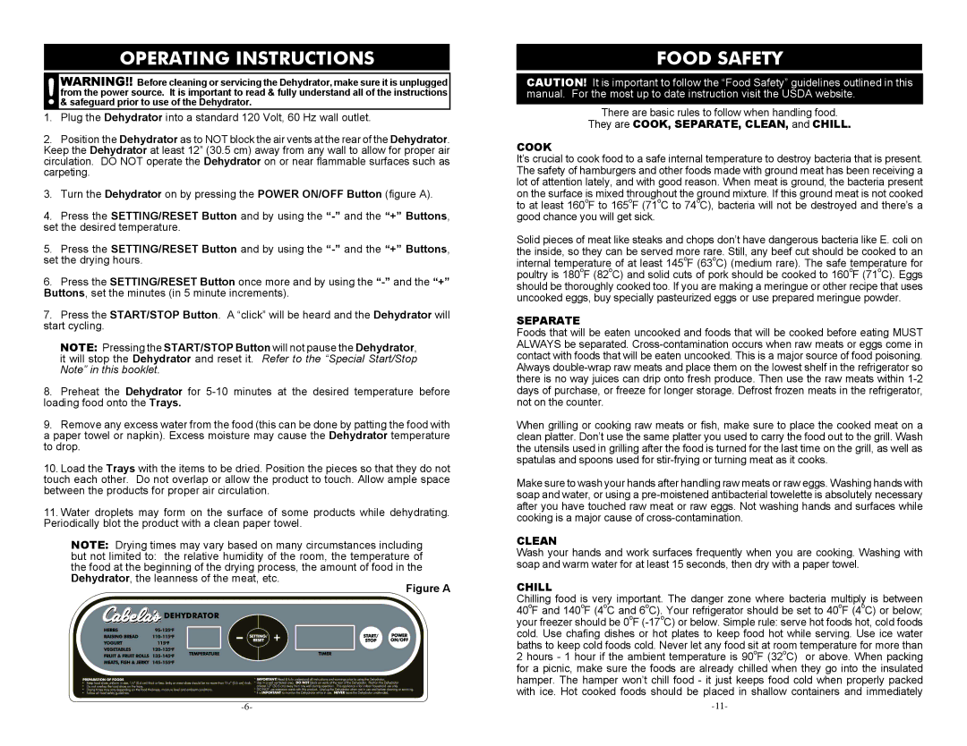 Cabela's 28-1001-C manual Operating Instructions, Food Safety 