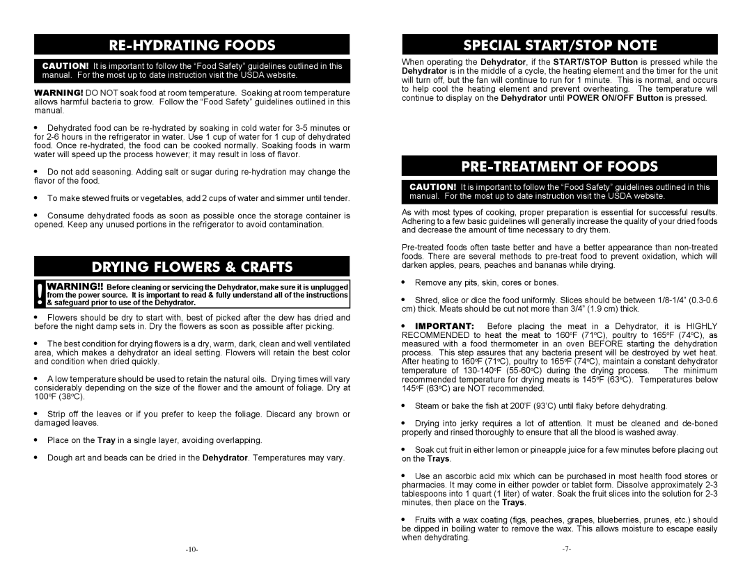 Cabela's 28-1001-C manual RE-HYDRATING Foods, Drying Flowers & Crafts, Special START/STOP Note, PRE-TREATMENT of Foods 