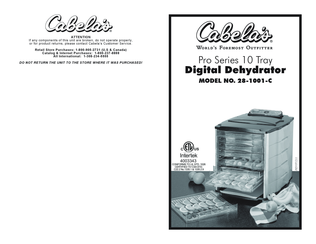 Cabela's manual MODEL NO. 28-1001-C, Pro Series 10 Tray, Digital Dehydrator, REV071211 