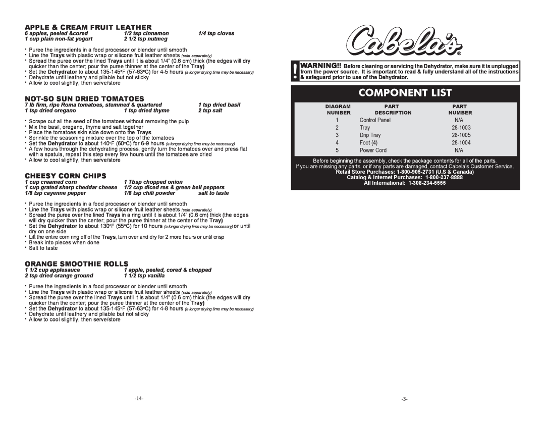 Cabela's 28-1001-C manual Component List, Apple & Cream Fruit Leather, Not-Sosun Dried Tomatoes, Cheesy Corn Chips 