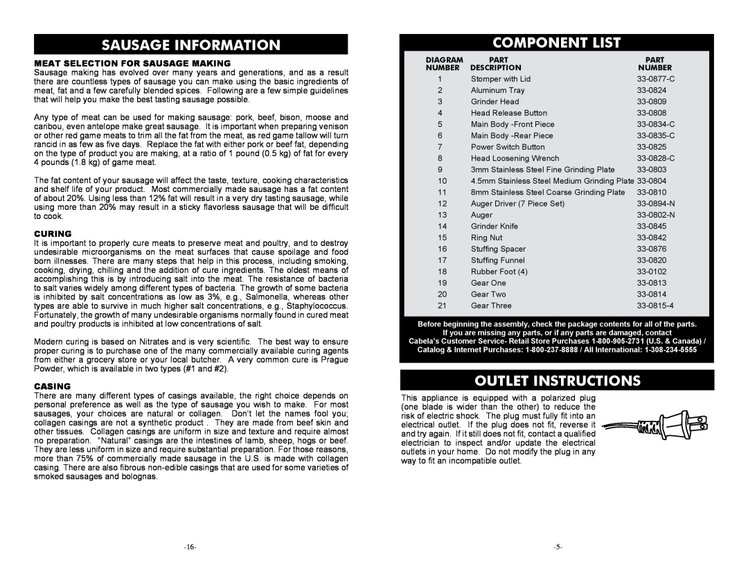 Cabela's 33-0101-C Sausage Information, Component List, Outlet Instructions, Meat Selection For Sausage Making, Curing 
