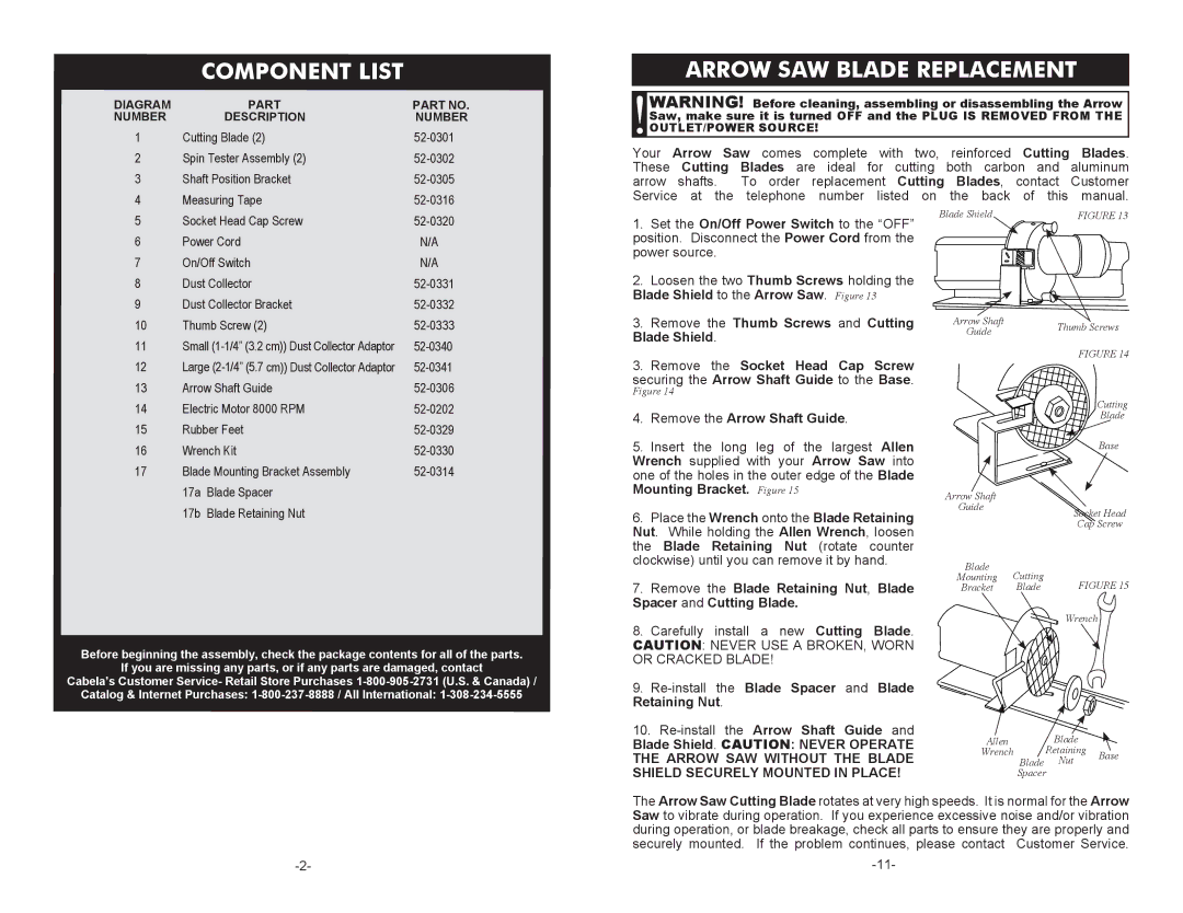 Cabela's 52-0601 manual Component List, Arrow SAW Blade Replacement, Arrow SAW Without the Blade 