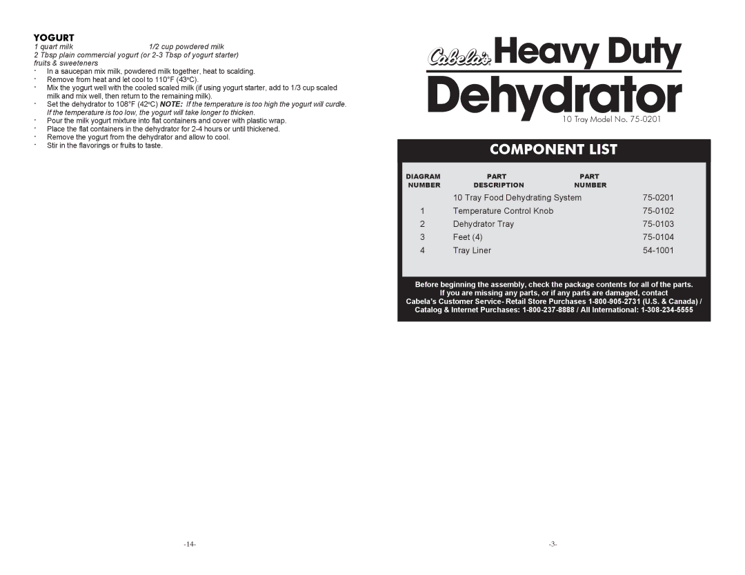 Cabela's 75-0201 manual Component List, Yogurt, Milk and mix well, then return to the remaining milk 