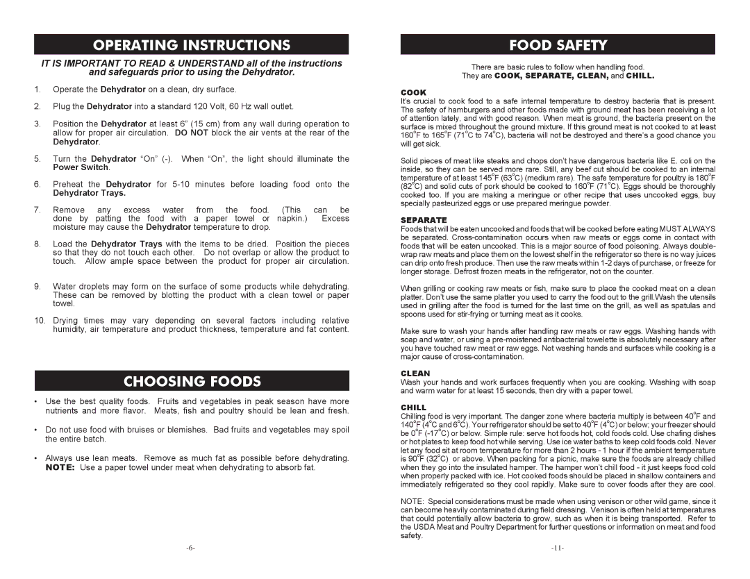 Cabela's 75-0201 manual Operating Instructions, Choosing Foods, Food Safety, Dehydrator Trays 