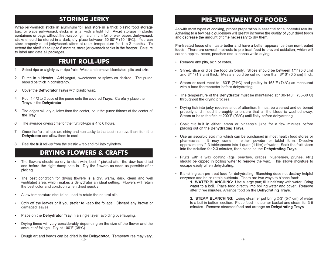 Cabela's 75-0201 manual Storing Jerky, Fruit ROLL-UPS, Drying Flowers & Crafts, PRE-TREATMENT of Foods 