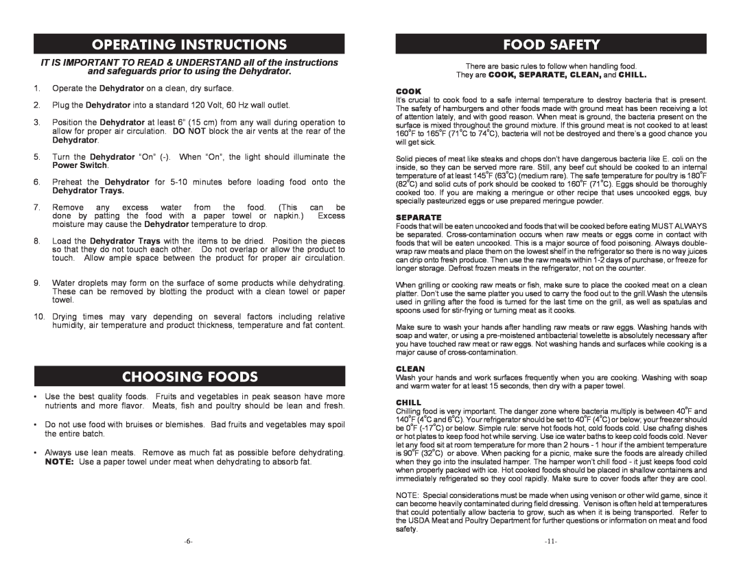 Cabela's 75-0201 manual Operating Instructions, Choosing Foods, Food Safety, and safeguards prior to using the Dehydrator 