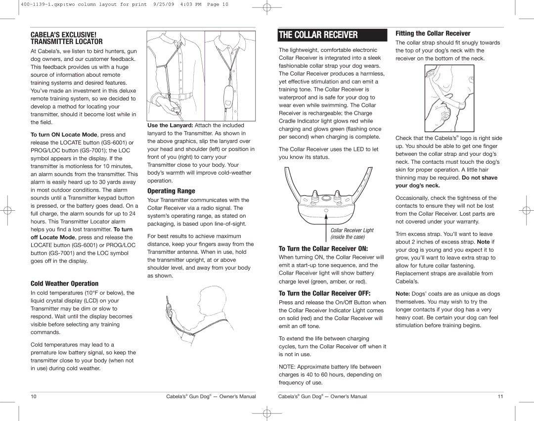 Cabela's GS-7001 Operating Range, To Turn the Collar Receiver on, Fitting the Collar Receiver, Cold Weather Operation 