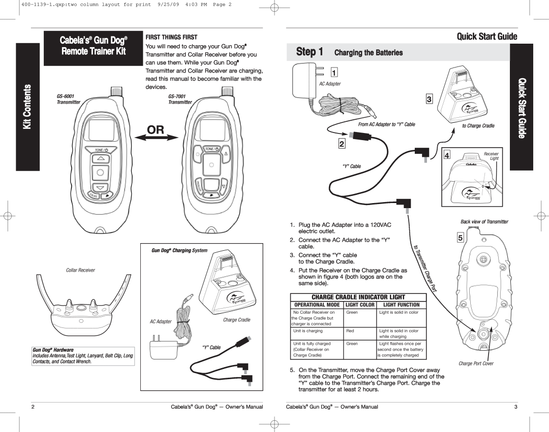Cabela's GS-7001, GS-6001 Kit Contents, Quick Start Guide, Charging the Batteries, Cabela’s Gun Dog Remote Trainer Kit 