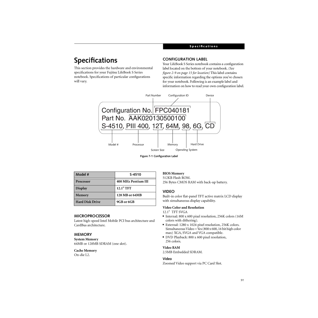 Cabin S Series.book manual Speciﬁcations, Configuration Label, Microprocessor, Memory, Video 