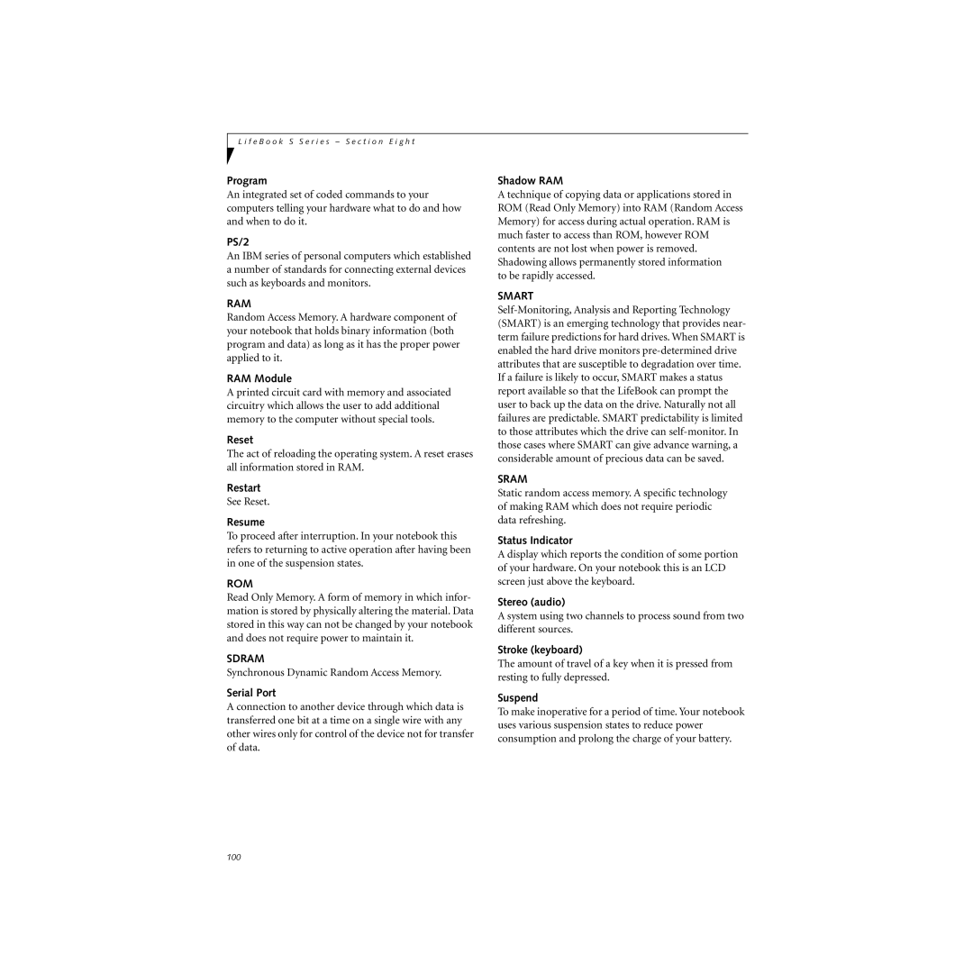 Cabin S Series.book Program, PS/2, RAM Module, Reset, Restart, Resume, Shadow RAM, Status Indicator, Stereo audio, Suspend 