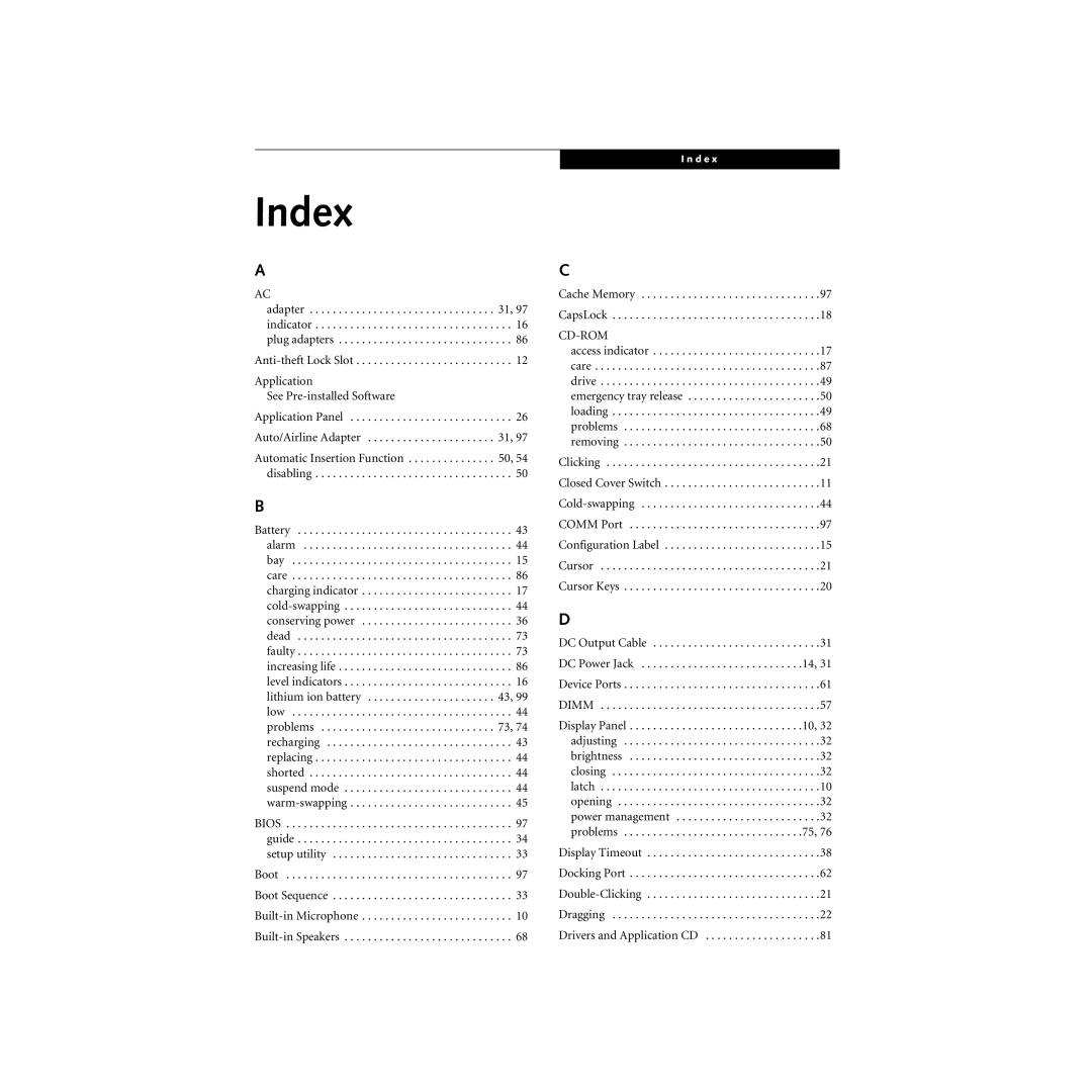 Cabin S Series.book manual Index, Automatic Insertion Function , 54 disabling 