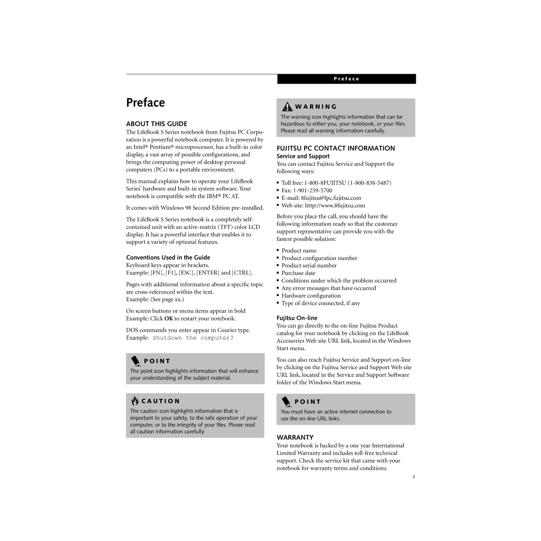 Cabin S Series.book manual Preface, About this Guide, Fujitsu PC Contact Information, Warranty 