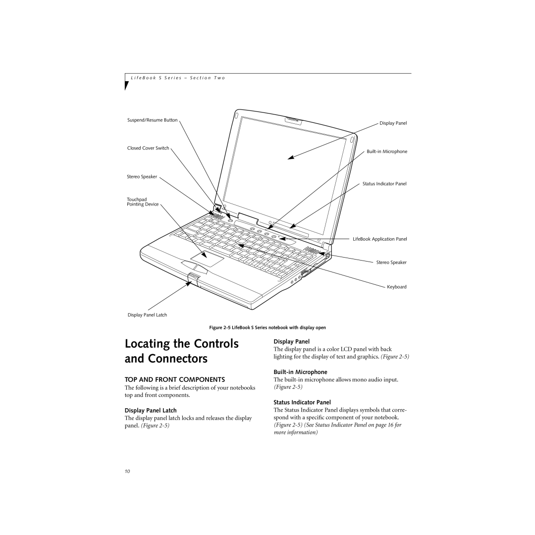 Cabin S Series.book manual TOP and Front Components, Display Panel Latch, Built-in Microphone, Status Indicator Panel 