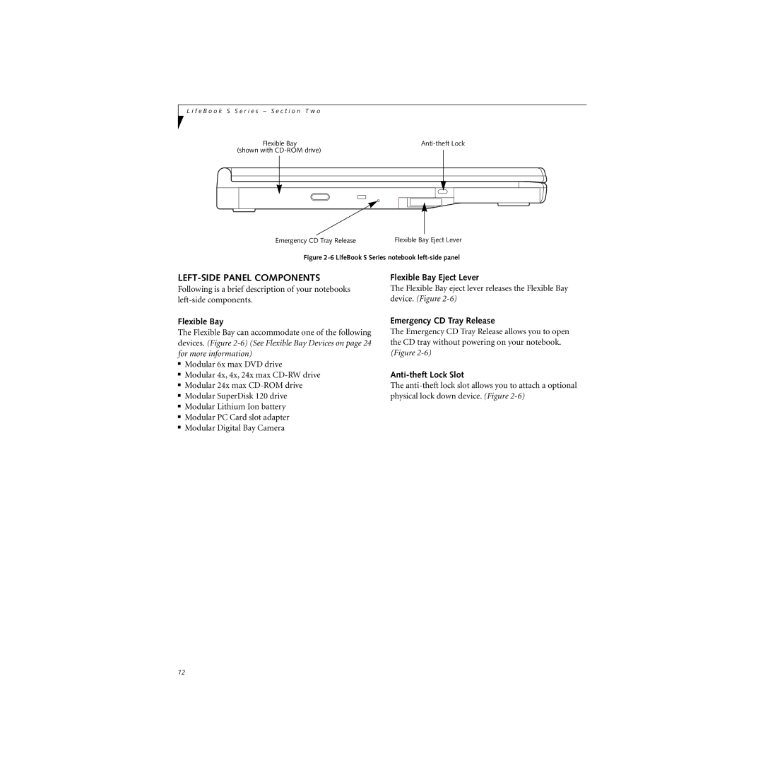 Cabin S Series.book manual LEFT-SIDE Panel Components, Flexible Bay Eject Lever, Emergency CD Tray Release 