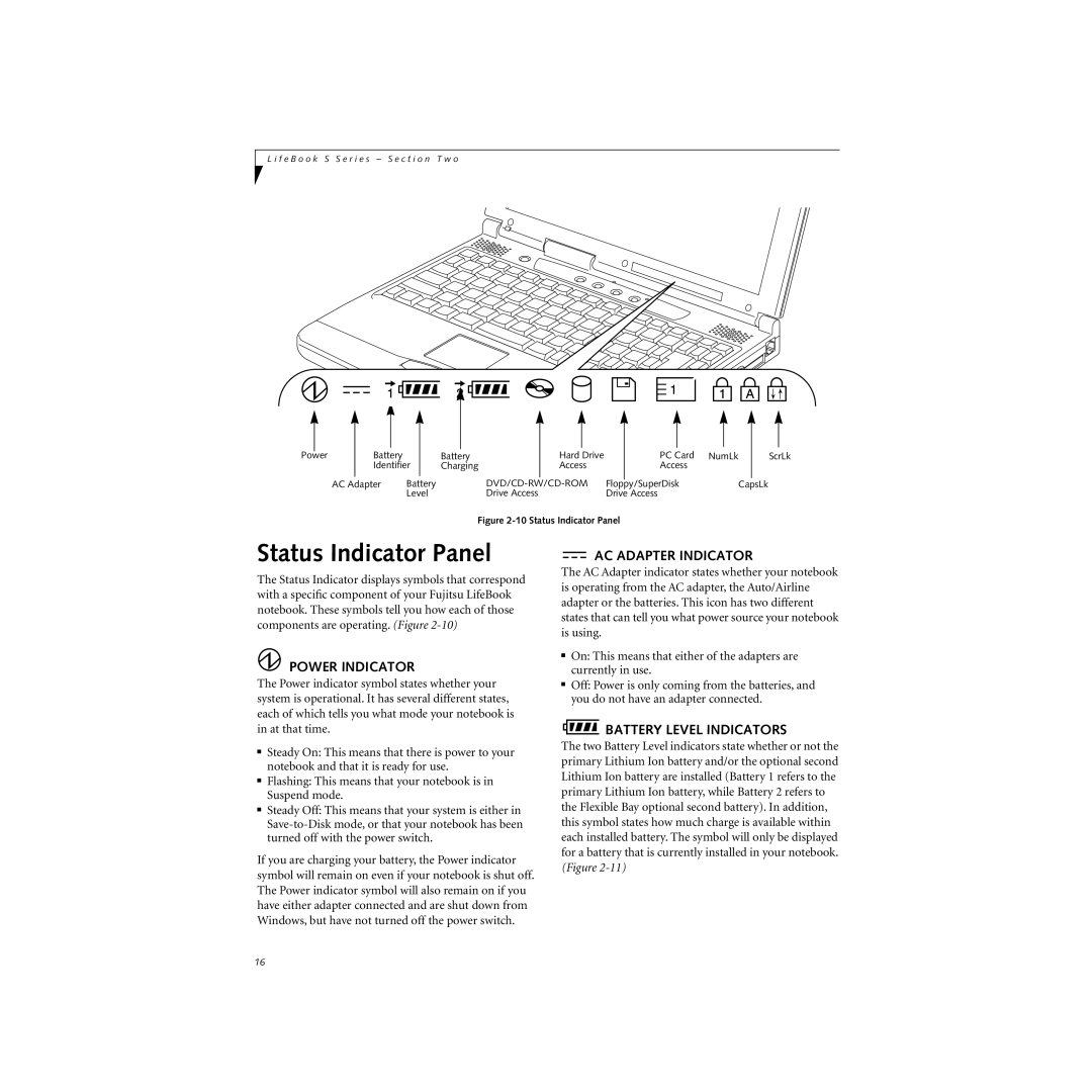 Cabin S Series.book manual Status Indicator Panel, AC Adapter Indicator, Power Indicator, Battery Level Indicators 