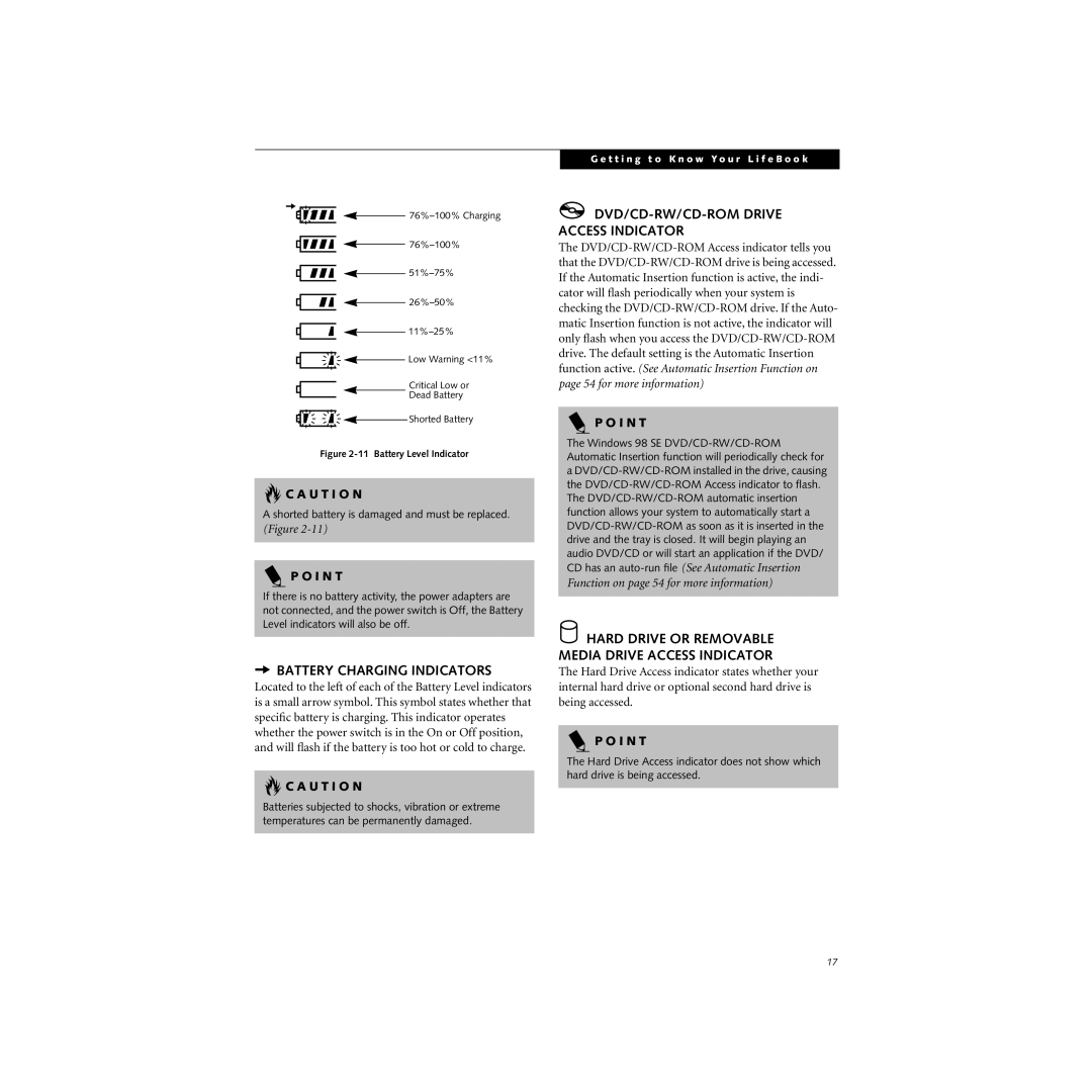 Cabin S Series.book manual Battery Charging Indicators, DVD/CD-RW/CD-ROM Drive Access Indicator 