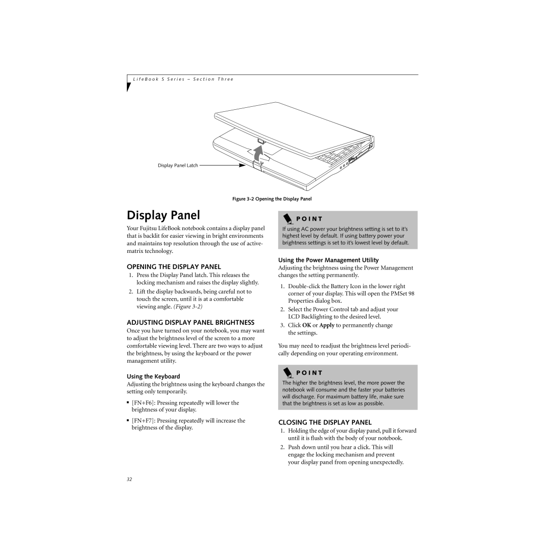 Cabin S Series.book manual Opening the Display Panel, Adjusting Display Panel Brightness, Closing the Display Panel 